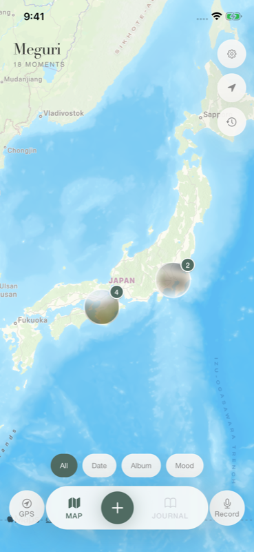 地図の上に写真の記録が並ぶMAP画面